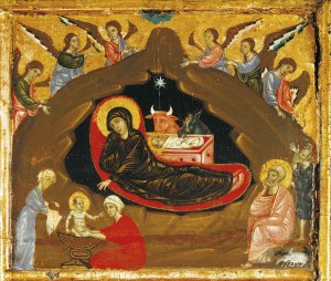 Nativity, detail from Antependium of St Peter Enthroned by Guido da Siena (circa 1250 -1300), tempera and gold on wood, 100x141 cm, circa 1280.