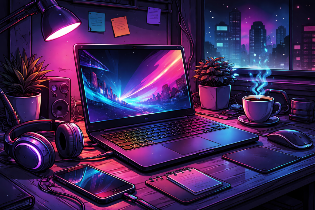 Laptop on desk illustration. Night. City. Comic style.