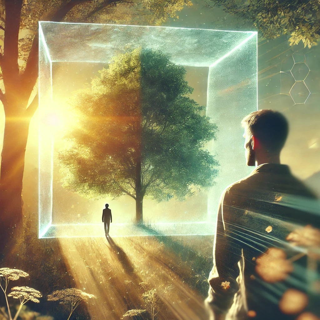 Indirect realism. Man looking at tree.