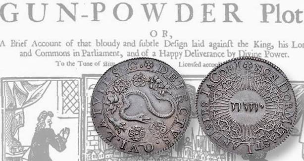 Gunpowder plot comemorative medal. Flower and serpent. Macbeth. James I.